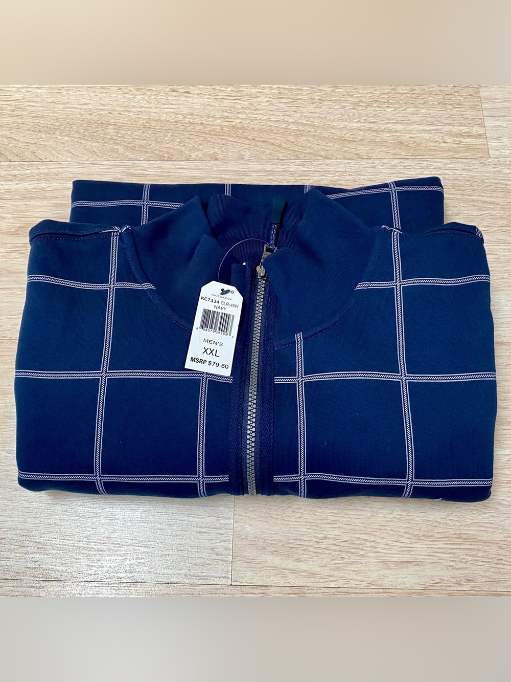 Nautica Pullover Mens 2XL Navy Blue 1/4 Zip Plaid Mock Neck Layering Sweatshirt